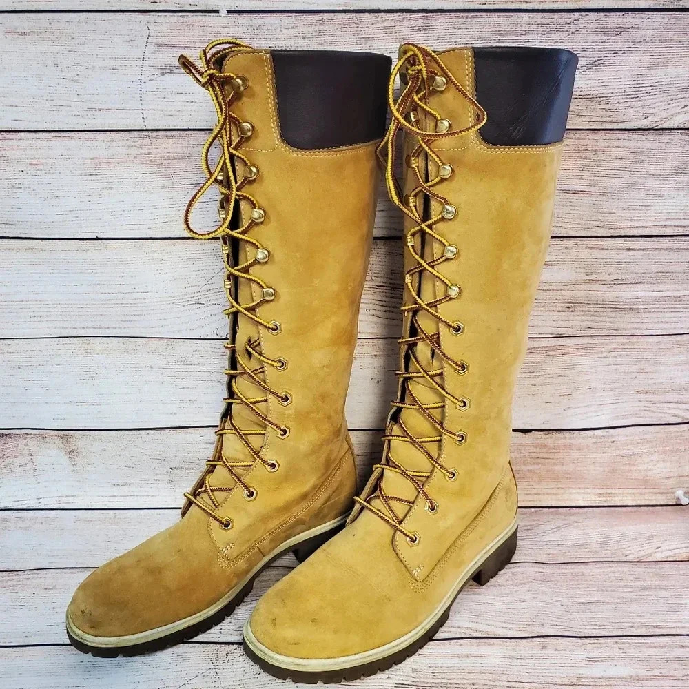 Timberland Women's 7 M Tan Nubuck Leather Waterproof 14" Knee High Lace Up Boots